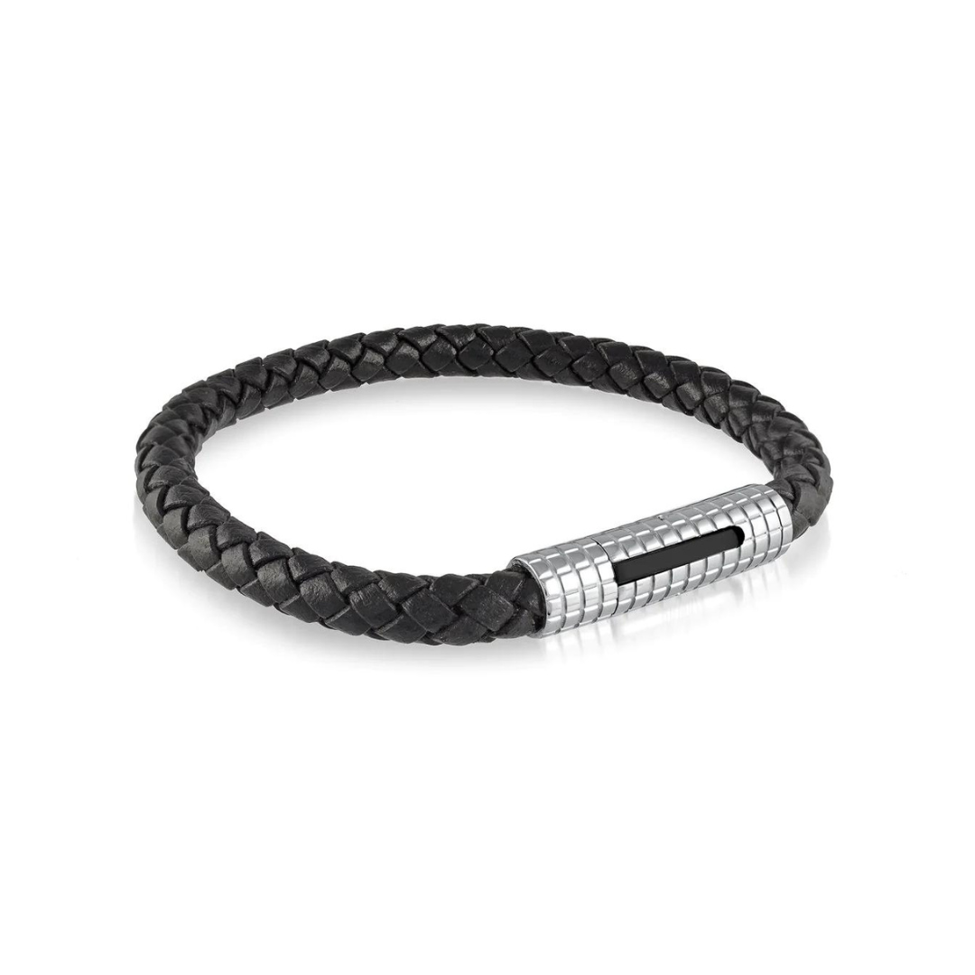 Steel Black Leather Bracelet